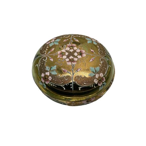 Vintage French Green Hand Painted Gold Rim Dresser Vanity Trinket Box Signed - Picture 3 of 10